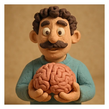 Enhance the claymation man holding a brain by adding more depth and dimension to the image. Make him more attractive and quirky, inspired by the first version, with dark curly hair, thick mustache, light skin, claymation style, visible fingerprints, and pastel colors. sticker