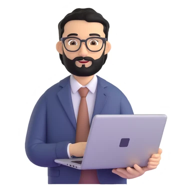 same professional man with medium black beard, neat black hair, connected unibrow, olive tan skin, brown eyes, glasses, prominent nose, in business casual attire, holding laptop under arm sticker