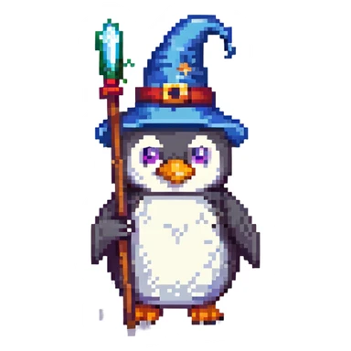 A penguin wizard with a wizard hat and a magic staff sticker