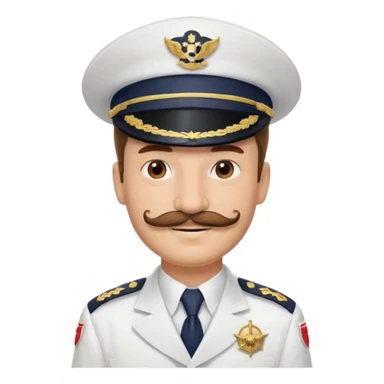 A light-skinned man with brown eyes and another mustache, smiling while wearing a white captain’s hat with a navy emblem. sticker