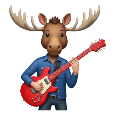  A man with the head of a moose playing a red electric guitar in Alaska. Give him a dark vibe and an attitude sticker