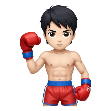 masterpiece, medium short plane, anime style, chibi, inspired by Ippo Makanouchi (Hajime no Ippo), young male boxer, short messy black hair, athletic and compact build, red boxing gloves, blue boxing shorts, big expressive eyes, clean lineart, vertical composition, TikTok avatar style,  sticker
