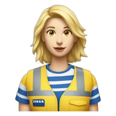 Ikea coworker blond woman blue stripes t-shirt and yellow security vest scanning palets sticker