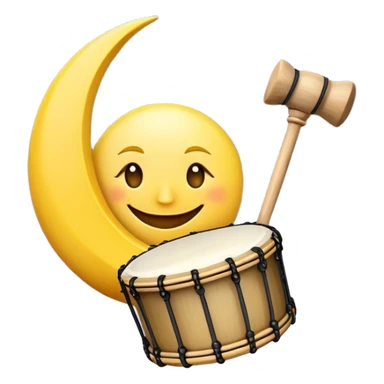 smiling crescent moon with drum and mallet symbolizing sahur time sticker