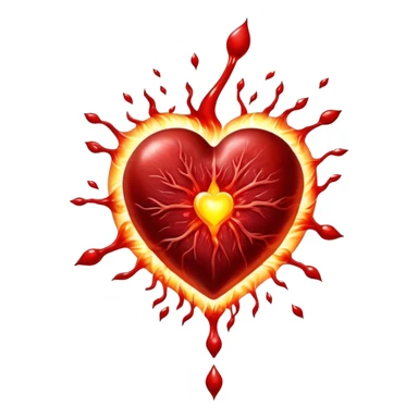 Glowing pieces of red meat floating around a red blood cell that shines brightly like a torch. Streams of light connect the blood cell to a heart and muscles, showing how heme iron creates energy and vitality throughout the body. sticker