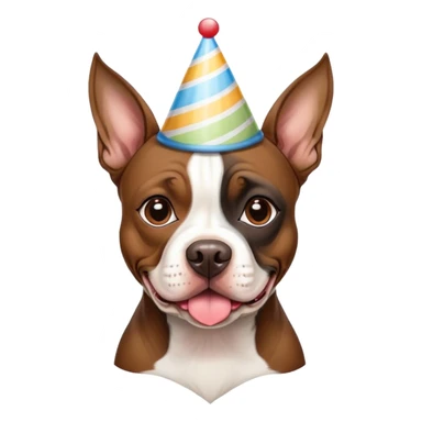 American Pit Bull Terrier mixed with a boston terrier, wearing a birthday hat sticker