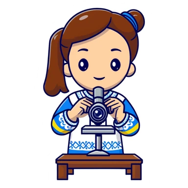 Ukrainian girl in traditional embroidered vyshyvanka shirt holding a microscope sticker