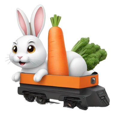 rabbit riding a train that is shaped like a carrot sticker
