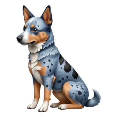 cinematic-[australian catle dog]-realistic-full-body-sitting-emoji,-tail-resting-loosely-beside-its-paws,-head-tilted-dramatically,-sleek-[vibrant-blue-speckle-fur]-fur,-simplified-yet-realistic-focused-features,-highly-detailed,-glowing-with-an-almost-sarcastic-glow sticker