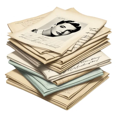 Icon for Autograph Collecting: several vintage sheets stacked one on top of the other, each framed with signatures of famous celebrities. The icon should evoke the charm and history of collecting autographs. Transparent background. sticker