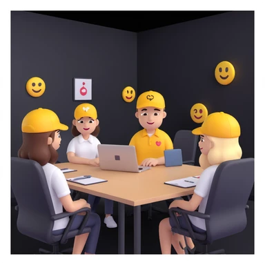 Show the start-up CEO, millennial, with cap and shirt in a modern meeting room, 3D emoji style. sticker