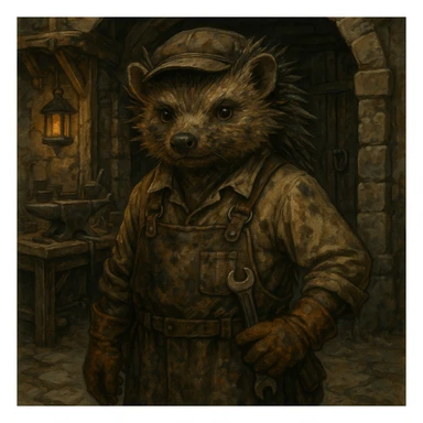 anthropomorphic humanoid hedgehog in a working engineering uniform, dirty muzzle and clothes, standing in front of an old medieval workshop, direct look, dungeons and dragons style, detailed illustration, artstation quality sticker