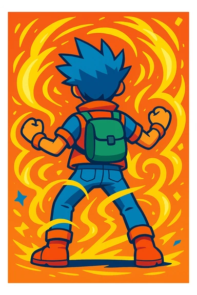 back view of a game avatar with swirling yellow energy, energetic and colorful sticker