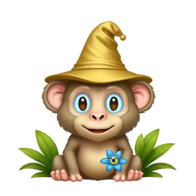 Funny cartoon hybrid baboon-bush with big feet and nose, golden hat, tiny blue frog inside, emoji style, transparent background, magical and surreal sticker