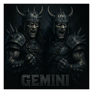 Gemini twins as heavy metal mascots, bold and edgy, metallic details, dark color palette, dramatic lighting sticker
