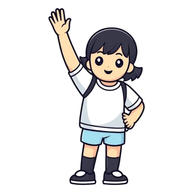 playful short person cartoon sticker style, minimal or no clothing, non-explicit, suitable for general audience, waving sticker