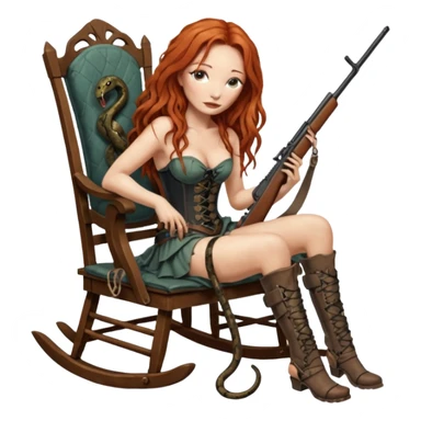 solarpunk ultra HD Tori Amos casually crouches on a rocking chair in a torn corset, holding a lintlock rifle and with muddy feet. a bronze snake wrapped itself around the chair sticker