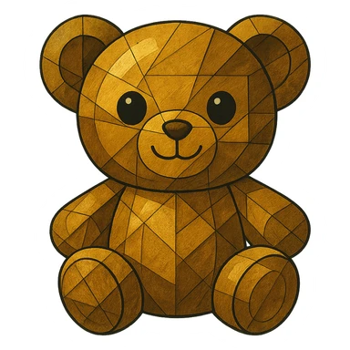 Make the gold cubist abstraction teddy bear cuter with a rounder face, bigger eyes, and a small smile. Keep it metallic and shiny with no background. sticker
