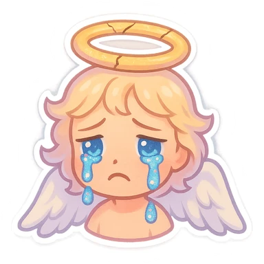 chibi angel emoji with glitter tears, cracked golden halo, drooping white wings, pastel lighting, sad expression, 90s Catholic tragic romance style, discord emoji aesthetic sticker