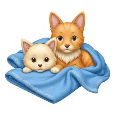 An Orange cat with pointy ears and an English cream retriever dog with floppy ears in a blue blanket  sticker