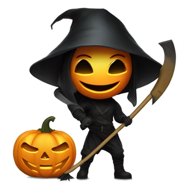 Human female pumpkin hunter with a scythe, glowing pumpkin eyes inside a black helmet, Halloween theme, emoji" sticker
