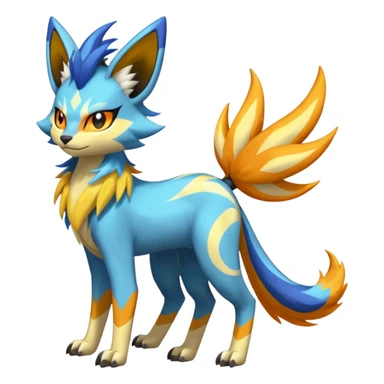 Feral Lightning-patterned Zig-zagged buzzy fuzzy Meloetta-Renamon-Zeraora-Luxray-Cobalion-Suicune-Vernid-fusion-hybrid-creature, full body  sticker
