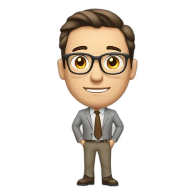 Pale skinned fit man with dark brown hair in gray jacket, beige office shirt, brown tie, brown pants and vintage glasses Writing on the flipchart sticker