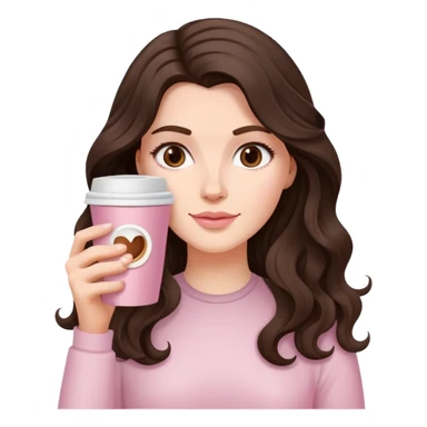 A white girl with long dark brown wave hair and a pale pink paper cup of coffee sticker