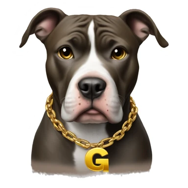 A dog pitbull with a big gold chain on that says G-UNIT sticker