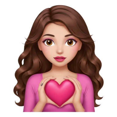 girl with long wavy brown hair, brown eyes, long lashes makeup, sexy pink lips, light to medium complexion, wearing a pink sexy top, squeezing a big heart sticker