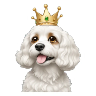 White cavapoo with a crown sticker