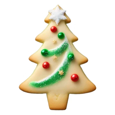 1 Layered sugar cookie shaped like a Christmas tree, dusted with powdered sugar and decorated with tiny ornaments sticker