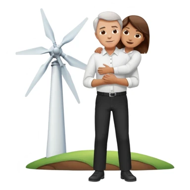 an older white man with brown hair and a white shirt and black pants hugging a wind turbine sticker