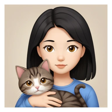 long hair asian girl snuggle with a short hair brown tabby cat sticker