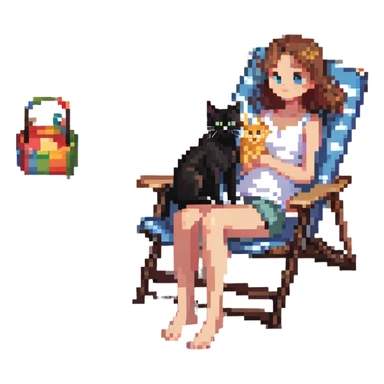 girl with her cat on a beach chair, sun shining sticker