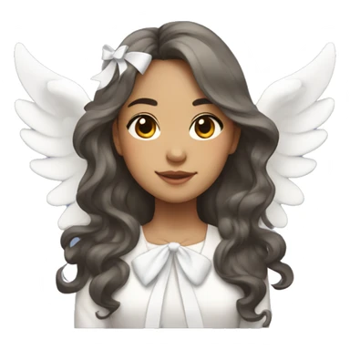 Pretty mixed Asian girl with long wavy hair with big angels wings and a white bow sticker