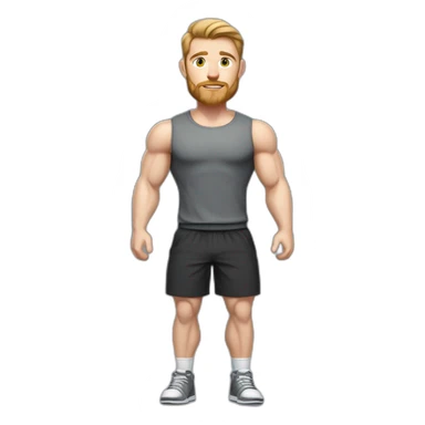 Full height Pale skinned fit man With biceps, Realistic eyes, light brown hair and very short beard In dark gray sleeveless mike, black oversize sports shorts, watch and white sneakers. sticker