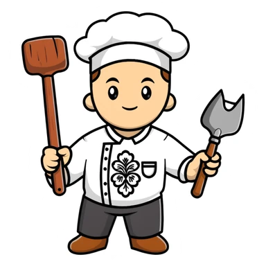 Ukrainian man wearing traditional white embroidered shirt (vyshyvanka) holding a hammer in one hand and a kitchen ladle in the other hand sticker