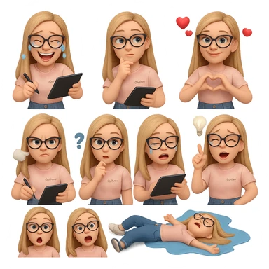 «Создай набор из 10 наклеек в стиле 3D cartoon  женского персонажа (30 лет выглядит моложе)  с прямыми светло русыми волосами ниже лопаток, светлой кожей, большими выразительными голубыми глазами, черные очки для зрения формы кошачий глаз, нос чуть с горбинкой.
Персонаж должен носить пастельную розово-бежевую тай дай футболку с вышивкой @ByUnicorn, голубые джинсы фасона мом, персонаж должен иметь разные выражения: смех до слез, задумчивость, влюбленность (с сердцами вокруг головы), улыбка и создает сердце руками, злость с паром из носа, растерянность (со знаком вопроса), наличие идеи (с зажженной лампочкой), плач со слезами из глаз, удивление с открытым ртом, лежит на спине раскинула руки и ноги в стороны в луже слез. Размер картинки не ограниченный, чтобы все наклейки вместились без обрезки. Стиль мультяшный  DreamWorks, мягкий свет, прозрачный фон, и добавь персонажу в руки графический планшет следи чтобы выглядело органично, красиво, не нарушая законы природы и физики, можешь добавить в другую руку перо от графического планшета, если это будет позволять смысл стикера» sticker