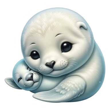 Beautiful and Majestic Baby Seal Portrait Emoji, Head and body resting serenely with a gentle, content smile, showcasing a soft, cuddly form with tender, glistening fur and eyes peacefully closed in a tranquil slumber, Simplified yet exquisitely endearing features, highly detailed, glowing with a soft, radiant polar light, high shine, serene and utterly lovable, stylized with an air of regal innocence, soft glowing outline, capturing the essence of a beautiful and majestic baby seal that embodies the quiet wonder of arctic serenity! sticker