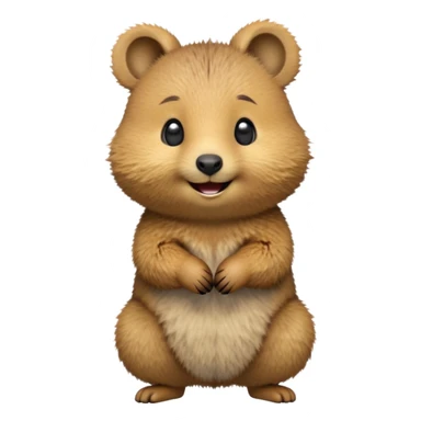 cinematic-realistic quokka-emoji,-small-round-frame-balanced-on-tiny-strong-hind-legs, head tilted in an endearing manner, comical smil, giant-fluffy-cheeks-large-smile-fluffy-brown-fur-radiating-a-warm-softness,-big-round-eyes-filled-with-joy, realistic fluffy zoomed in sticker