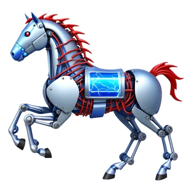 fast electric horse made of electricity, metal plates, bolts, visible blue and red wires, lightning coursing through its body, mechanical hooves sticker