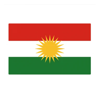 Kurdistan flag, rectangular shape, vivid red, white, and green horizontal stripes, bright yellow sun emblem in the center, vibrant colors, no background sticker