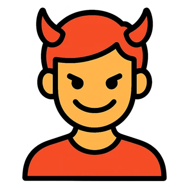character with red hair, sinister smile, small black eyes, red devil horns, clean modern icon style sticker