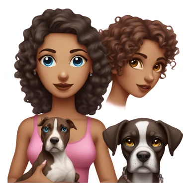 Beautiful tattooed curly dark brown haired woman, holding a boxer dog, and pink sphinx with blue eyes sticker