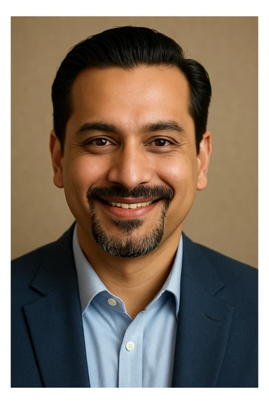 A 40-year-old Indian man, fair complexion, slick French goatee, and a pleasant, trustworthy smile that makes people feel good. sticker