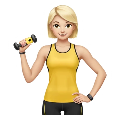 Sporty blonde woman in yellow top and black leggings, showing bicep, smiling, with wireless earbud and Apple Watch sticker