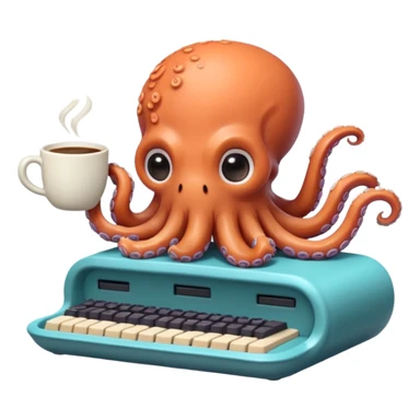 A cute chibi octopus sitting at a tiny desk, typing on a miniature keyboard with all eight arms while sipping coffee from a giant mug. Vibrant pastel colors, rounded edges, extremely expressive, sticker-style, transparent background. sticker