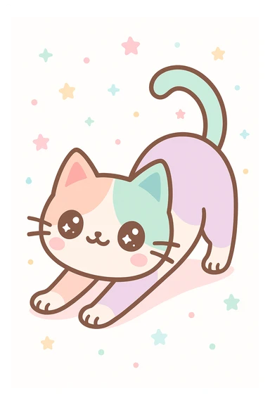 Create a cute pastel cat with big eyes, stretching pose, in kawaii style, suitable for Redbubble products. sticker