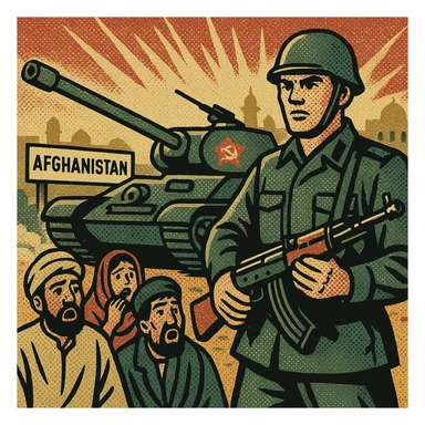 Soviet tanks with the communist party badge on the side invading Afghanistan in 1979. One Soviet soldier is standing with a machine gun. The background shows a middle eastern country with Afghan people in shock. There is a sign saying Afghanistan in the background sticker